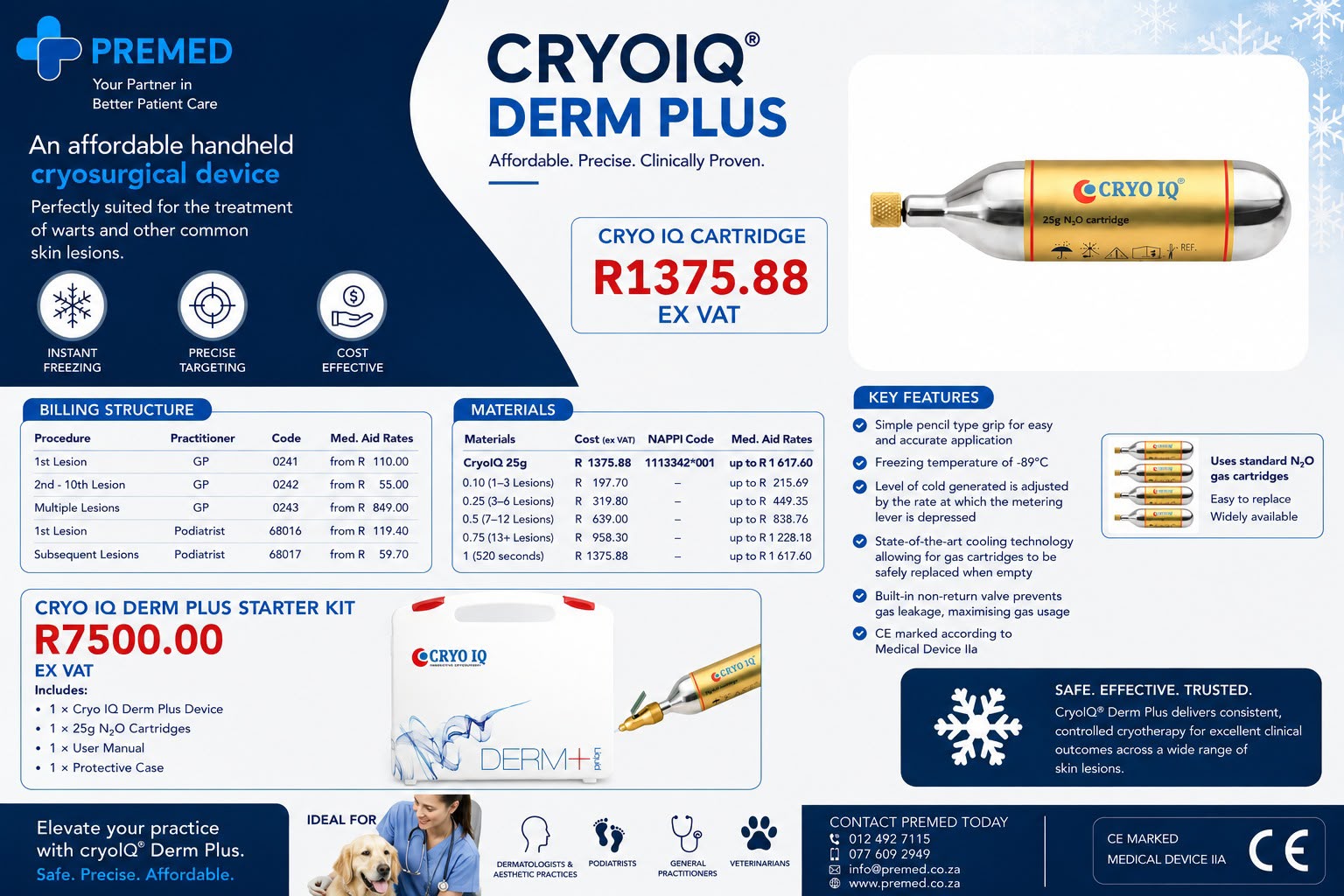 CryoIQ Derm Plus cryosurgical device, starter kit, cartridge pricing and clinical features from PreMed